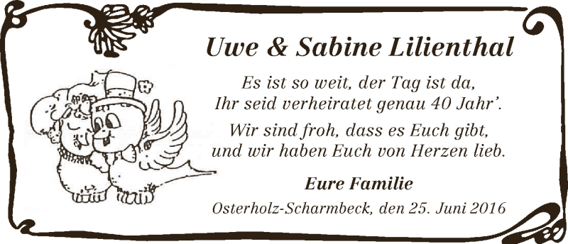 Hochzeitsanzeige von Sabine Lilienthal von Osterholzer Kreisblatt