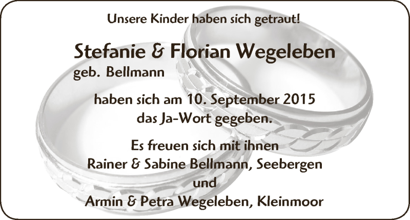 Hochzeitsanzeige von Stefanie Wegeleben von Wuemme Zeitung