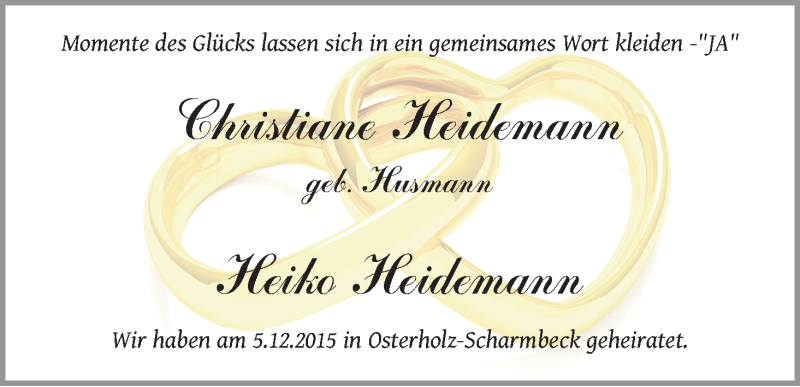 Hochzeitsanzeige von Christiane Heidemann von Osterholzer Kreisblatt