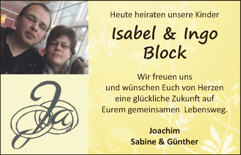 Hochzeitsanzeige von Isabel Block von WESER-KURIER