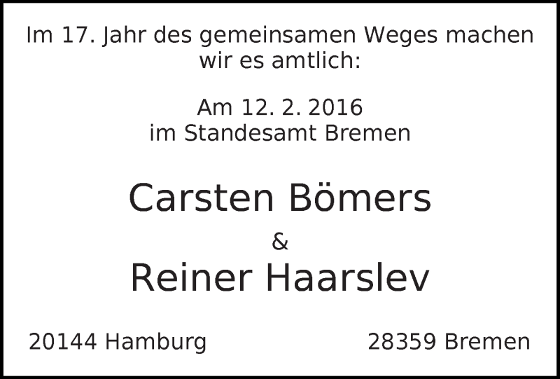 Hochzeitsanzeige von Carsten Bömers von WESER-KURIER