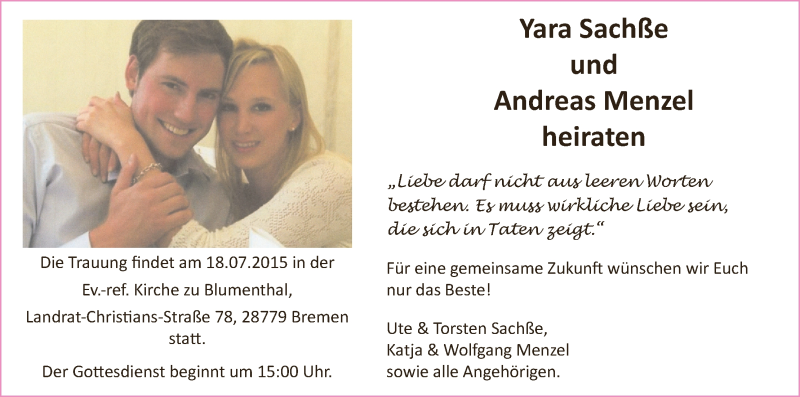 Hochzeitsanzeige von Yara Sachße von WESER-KURIER