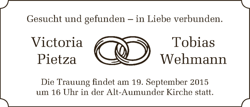 Hochzeitsanzeige von Victoria Pietza von Die Norddeutsche