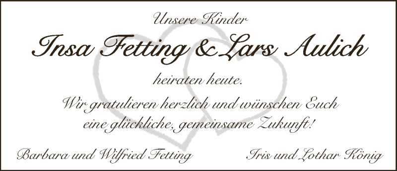 Hochzeitsanzeige von Insa Fetting von Die Norddeutsche