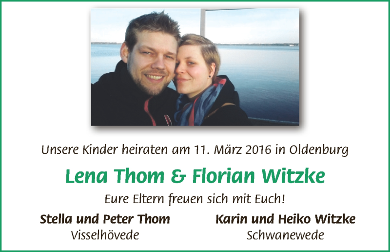 Hochzeitsanzeige von Lena Thom von Die Norddeutsche