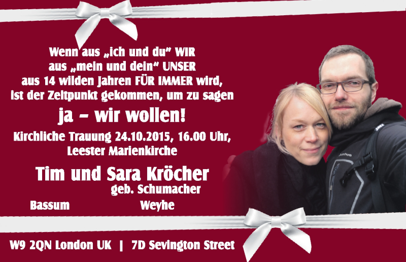 Hochzeitsanzeige von Tim Kröcher von WESER-KURIER