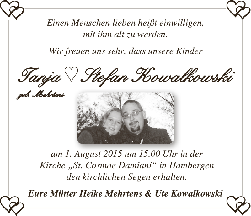 Hochzeitsanzeige von Tnja Kowalkowski von Osterholzer Kreisblatt