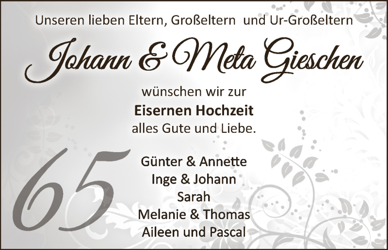 Hochzeitsanzeige von Meta Gieschen von Wuemme Zeitung