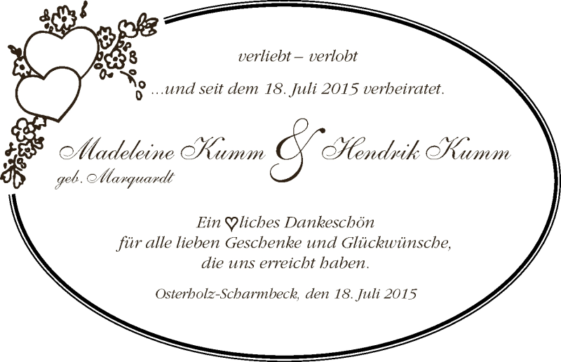 Hochzeitsanzeige von Madeleine Kumm von Osterholzer Kreisblatt