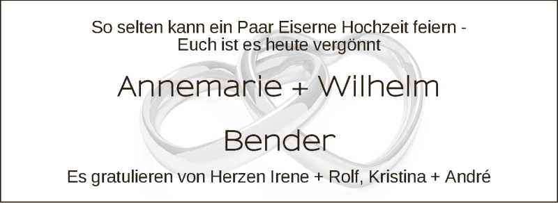 Hochzeitsanzeige von Annemarie Bender von WESER-KURIER