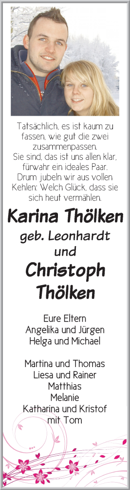 Hochzeitsanzeige von Christoph Thölken von Wuemme Zeitung