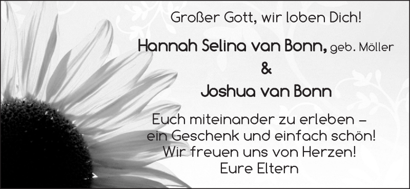 Hochzeitsanzeige von Hannah Selina van Bonn von WESER-KURIER
