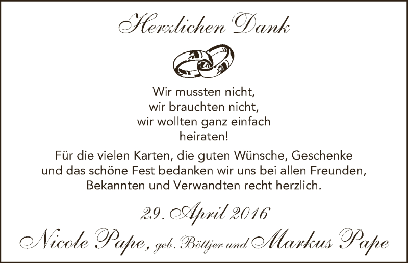 Hochzeitsanzeige von Nicole Pape von Wuemme Zeitung