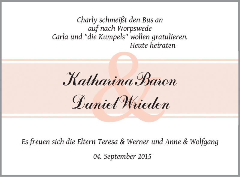 Hochzeitsanzeige von Katharina  von Wuemme Zeitung