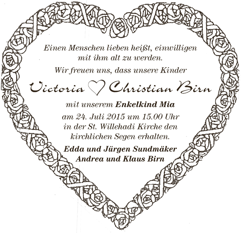 Hochzeitsanzeige von Victoria Birn von Osterholzer Kreisblatt