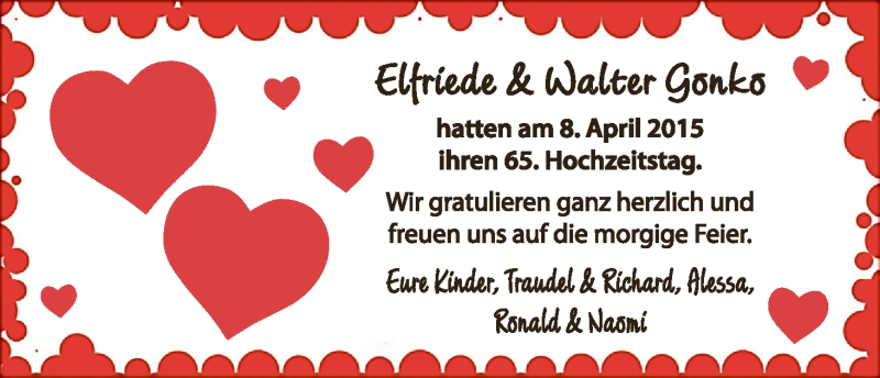 Hochzeitsanzeige von Elfriede Gonko von WESER-KURIER