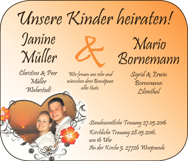 Hochzeitsanzeige von Janine Müller von Wuemme Zeitung