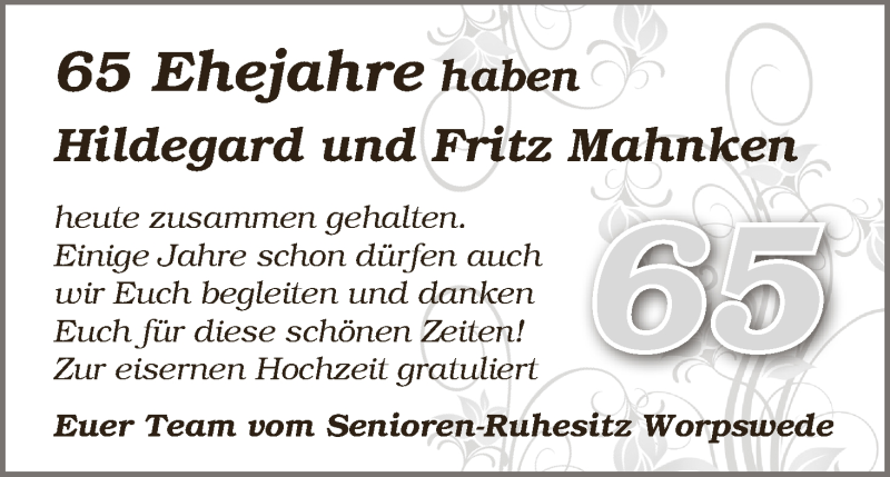 Hochzeitsanzeige von Hildegard Mahnken von Wuemme Zeitung