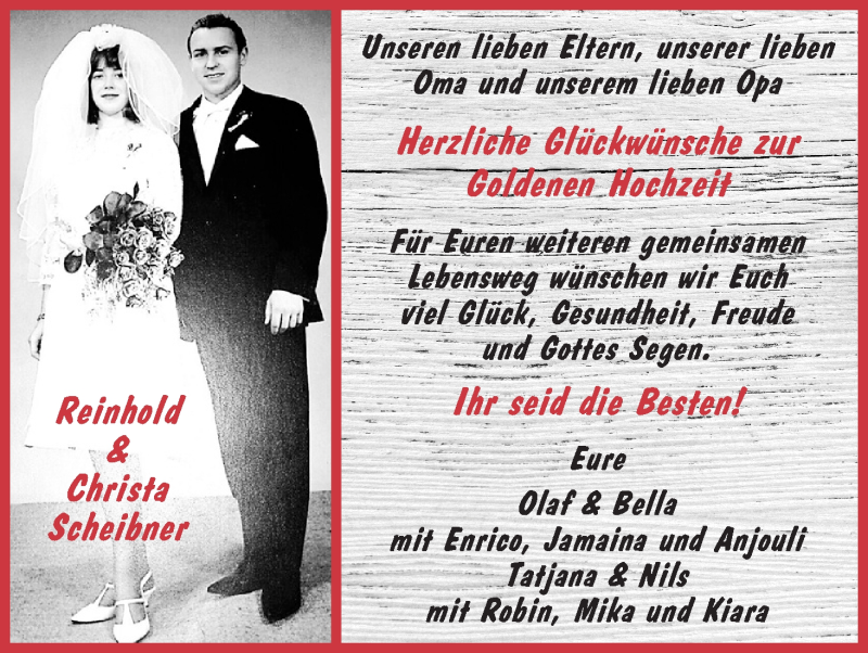 Hochzeitsanzeige von Reinhold Scheibner von Wuemme Zeitung