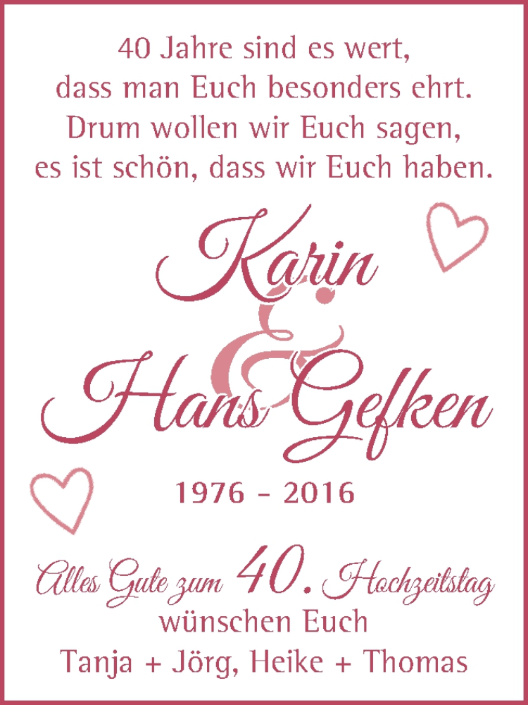 Hochzeitsanzeige von Karin Gefken von Die Norddeutsche
