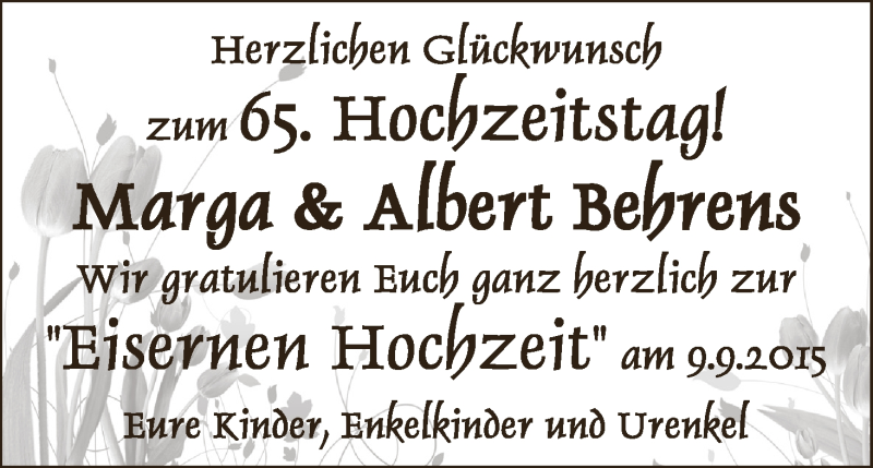 Hochzeitsanzeige von Marga Behrens von WESER-KURIER