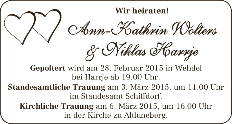 Hochzeitsanzeige von Ann-Kathrin Wolters von WESER-KURIER