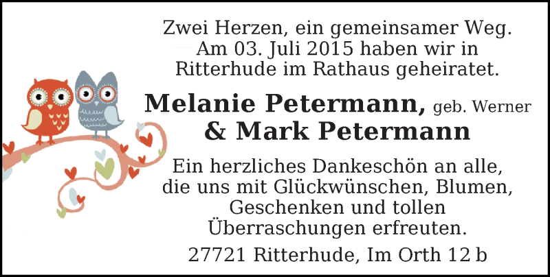 Hochzeitsanzeige von Melanie Petermann von WESER-KURIER