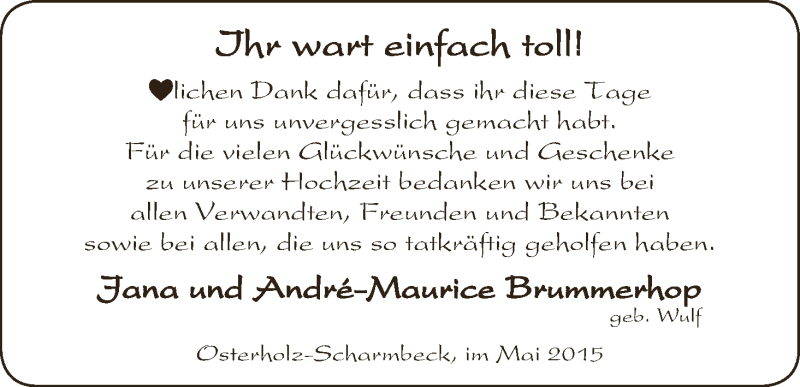 Hochzeitsanzeige von Jana Brummerhop von WESER-KURIER