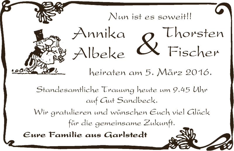 Hochzeitsanzeige von Annika Albeke von Osterholzer Kreisblatt
