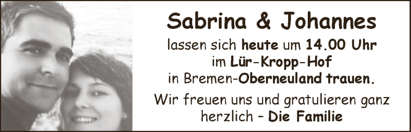 Hochzeitsanzeige von Sabrina  von WESER-KURIER