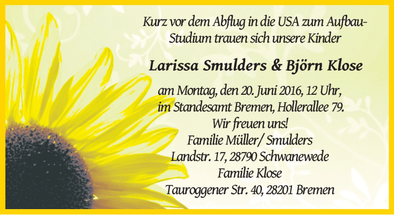 Hochzeitsanzeige von Larissa Smulders von WESER-KURIER