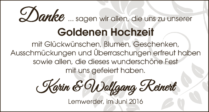 Hochzeitsanzeige von Karin Reinert von Die Norddeutsche