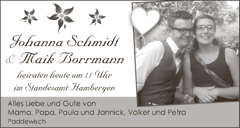 Hochzeitsanzeige von Johanna Schmidt von WESER-KURIER