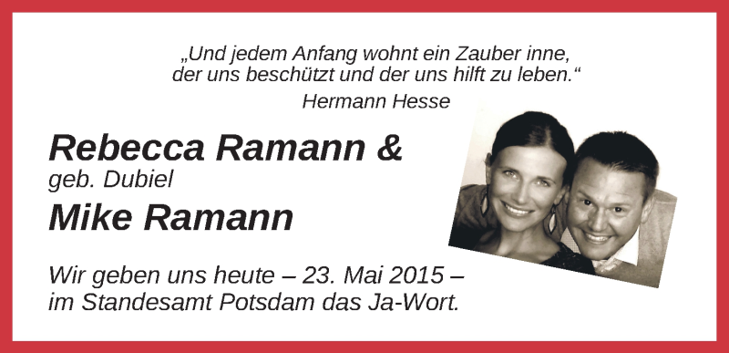 Hochzeitsanzeige von Rebecca Ramann von WESER-KURIER