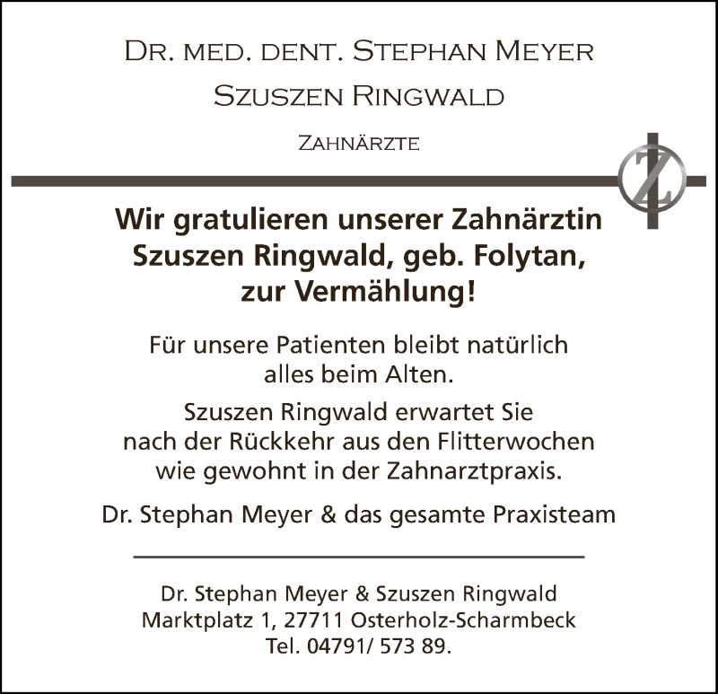 Hochzeitsanzeige von Szuszen Ringwald von WESER-KURIER