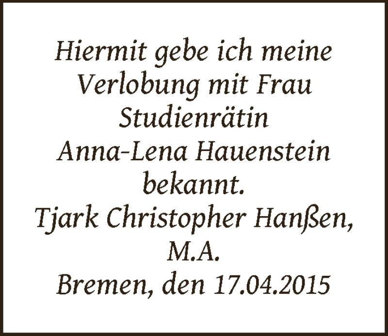 Hochzeitsanzeige von Anna-Lena Hauenstein von WESER-KURIER