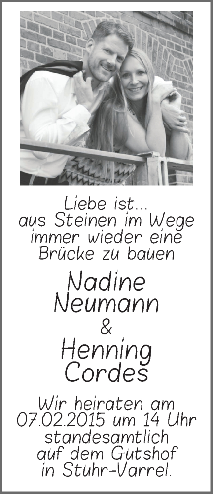 Hochzeitsanzeige von Nadine Neumann von WESER-KURIER