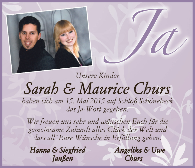 Hochzeitsanzeige von Sarah Churs von WESER-KURIER