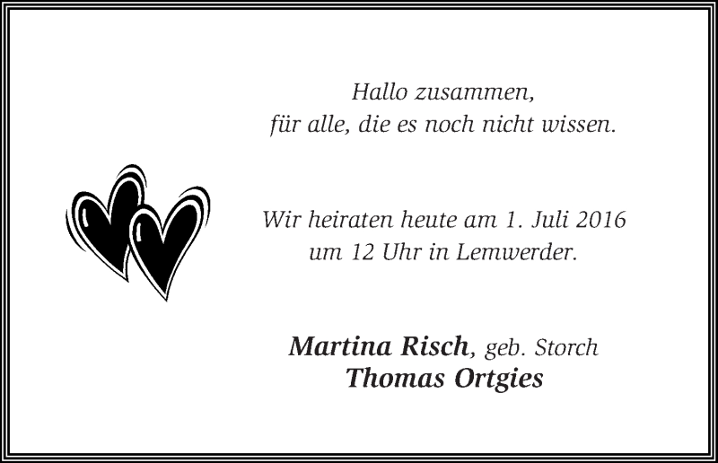 Hochzeitsanzeige von Martina Risch von Die Norddeutsche