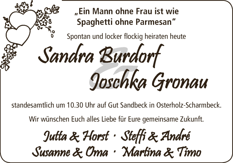 Hochzeitsanzeige von Sandra Burdorf von Osterholzer Kreisblatt