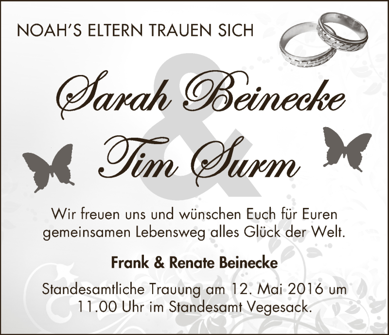Hochzeitsanzeige von Sarah Beinecke von Die Norddeutsche