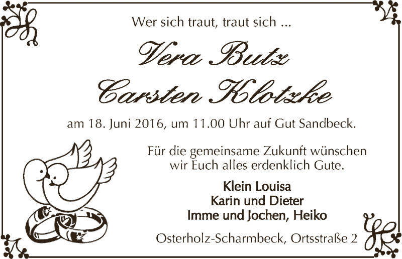 Hochzeitsanzeige von Vera Butz von Wuemme Zeitung