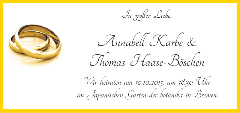 Hochzeitsanzeige von Annabell Karbe von WESER-KURIER