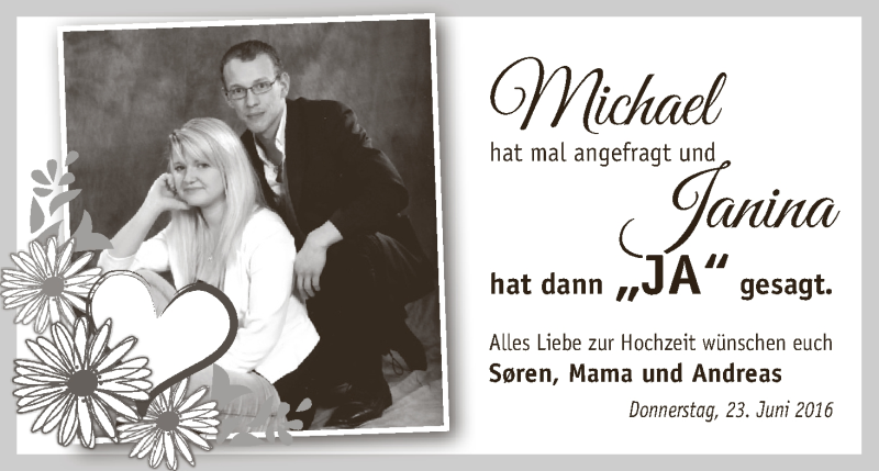 Hochzeitsanzeige von Michael  von Wuemme Zeitung