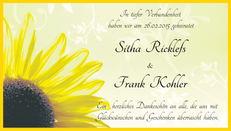 Hochzeitsanzeige von Sitha Ricklefs von WESER-KURIER