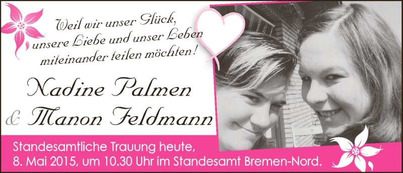 Hochzeitsanzeige von Nadine Palmen von WESER-KURIER