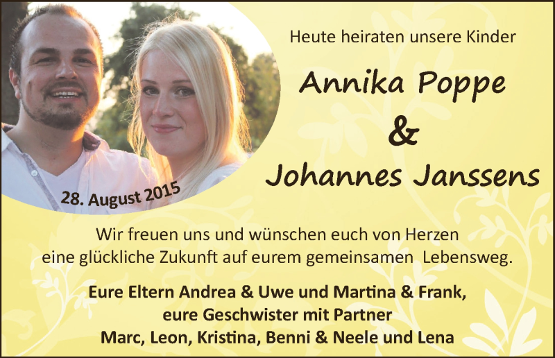 Hochzeitsanzeige von Annika Poppe von Wuemme Zeitung