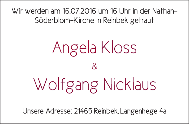 Hochzeitsanzeige von Angela Kloss von WESER-KURIER