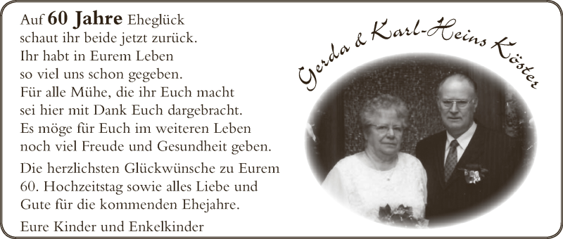 Hochzeitsanzeige von Gerda Köster von Wuemme Zeitung