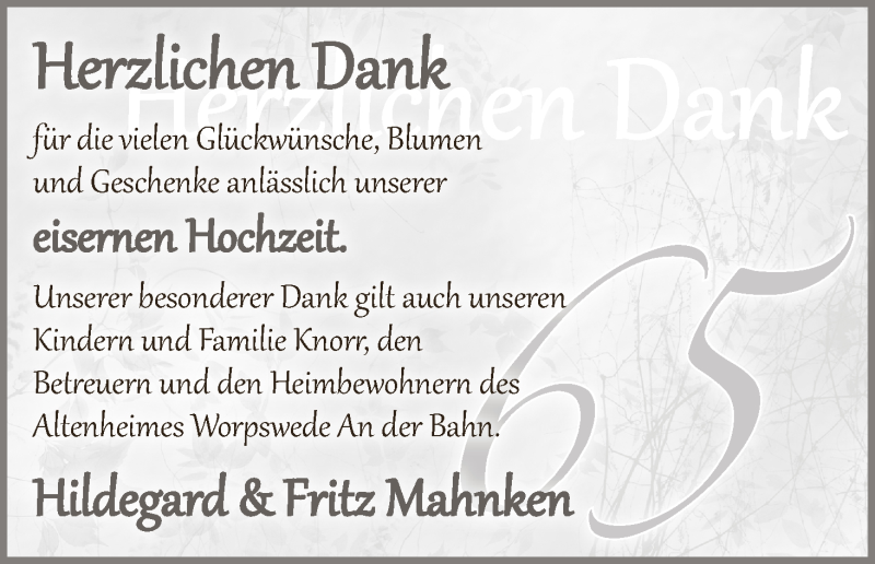 Hochzeitsanzeige von Hildegard Mahnken von Wuemme Zeitung